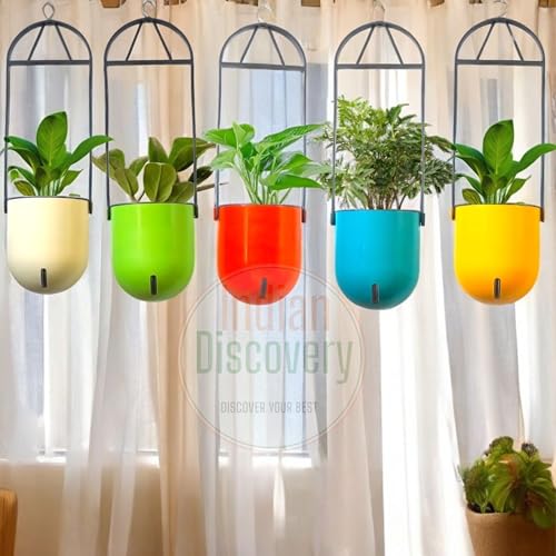 Image of Indian Discovery Self Watering Ceiling Hanging Planter|Hanging /Hooked Flower Pots for Home, Balcony, Garden Decor Flower Pots(6 Pcs, Multicolor,Sphere)|6 Inch UV-Resistant Plastic Plant Pots