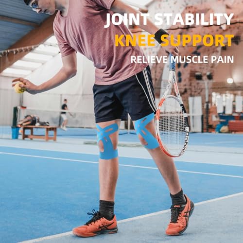 Image of Precut Kinesiology Tape for Knees, 20 Pcs - Knee Support & Stability, Knee Pain Relief Athletic Tape - Waterproof & Elastic, Breathable Hypoallergenic Latex-Free Tape, Blue
