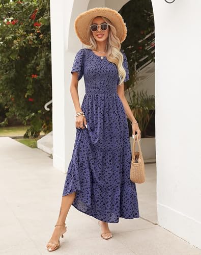 Image of Kranda Women 2025 Summer Fall Crewneck Short Sleeve Smocked Floral Maxi Dress