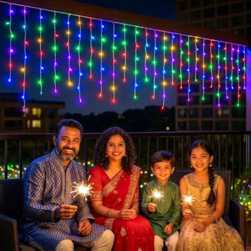 Image of ZALAR Icicle Diwali Lights Outdoor 11 ft 96 LED with 16 Drops String Lights with 8 Lighting Modes for Diwali, Christmas, Wedding, Birthday, Ganesh Puja, Balcony & Home Decoration (Multi-Color)