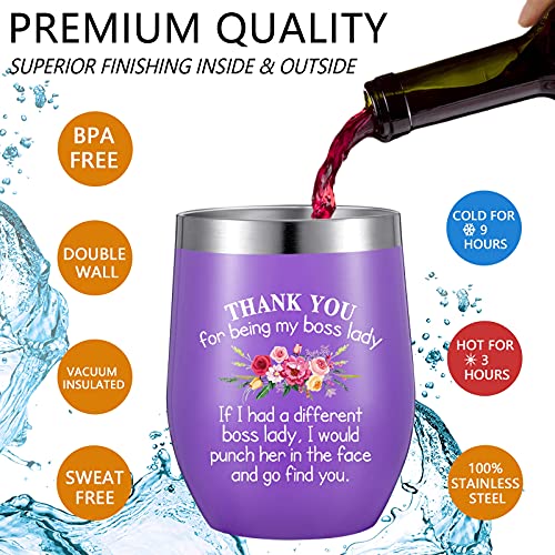 Novelty Boss Gifts Thank You For Being My Boss Tumbler Birthday Coffee Mug Gifts For Lady Women Bosses Female Director, 12 Oz Insulated Vacuum Wine Tumbler With Straw Lid And Brush (Purple) #TOP5