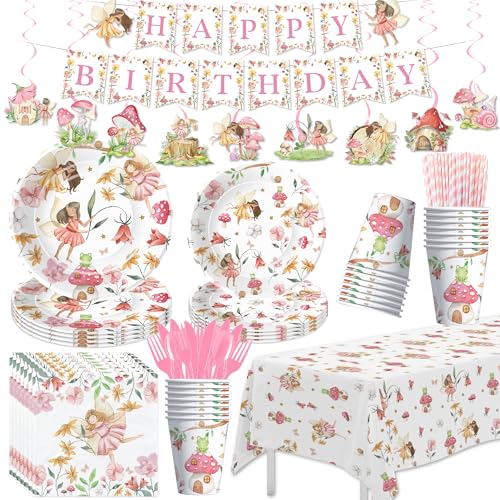 Owelleny Fairy Birthday Decorations, Magical Enchanted Garden Fairy Party Decorations Supplies for Birthday Baby Shower, Paper Plate, Napkin, Cup, Banner, Tablecloth, Swirls, Cutlery, Serves 24