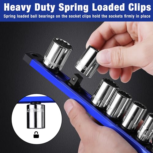 Image of WORKPRO Magnetic Socket Organizer, 1 /2-Inch Drive Aluminum Alloy Socket Rail, Heavy Duty Socket Holder, Socket Rack Kit 1 /2-Inch x 10 Clips (Blue)