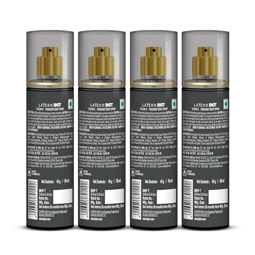 Image of Layer'r Shot Gold Iconic Body Spray for Men, Pack of 4 (4x50ml) | Long-Lasting Fresh Ozonic Citrus & Amber Fragrance | Travel Size Deodorant | IFRA Certified