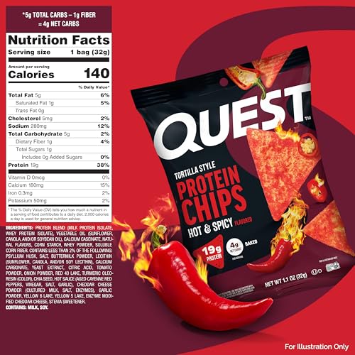 Image of Quest Nutrition Tortilla Style Protein Chips, Hot & Spicy, 19g of Protein, 4g Net Carbs, High Protein, Gluten Free, 1.1 Ounce, 4 count