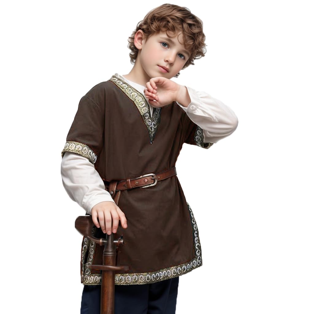 CAMDOM Boys Renaissance Viking Pirate V Neck Shirt Medieval Knight Costume Tops Coffee