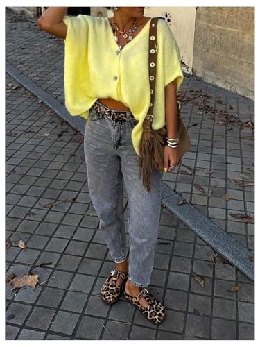 GORGLITTER Women's Oversized Button Up Cardigan Sweaters Short Sleeve V Neck Casual Fall Knit Tops Trendy 20253