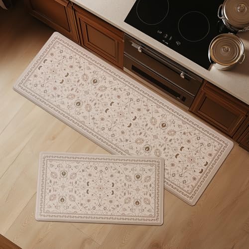 FRESHMINT Kitchen Mats for Floor 2 Piece Set, Waterproof & Non-Skid Vintage Floarl Kitchen Rugs, Cushioned Kitchen Floor Mat for Standing Washable Comfort Desk Kitchen Runners, 17x30''+17x47''