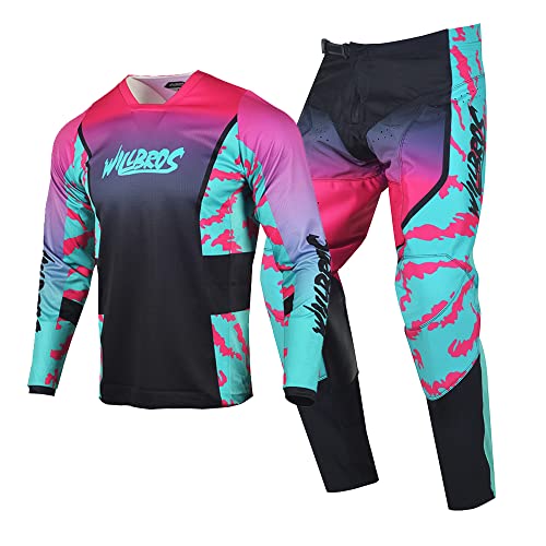Willbros Pantalones de Jersey Camiseta de Motocross Traje Hombres y Mujeres Bicicleta Todoterreno Juego de Engranajes MX Montar Adultos Azul Rosa (Jersey S Pants 30)