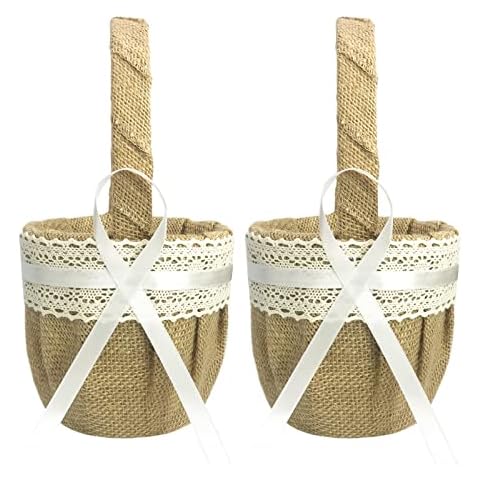 Wedding Flower Basket Vintage Rustic Jute Bowknot Hessian Flower Girl Basket for Wedding Ceremony Party with Lace Decoration Cover