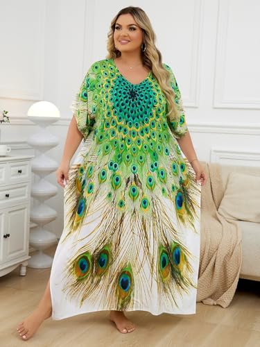 Image of KECVOT Kaftan Dresses for Women V-Neck Print Swimsuit Cover Up Plus Size Beach Caftan Lounge Dress