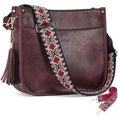 Image of HKCLUF Vegan Leather Crossbody Bags Purse for Women Trendy Tassel Hobo Handbag Women With 2PCS Adjustable Guitar Strap | Vegan Leather