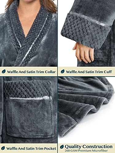 Pavilia Soft Plush Women Fleece Robe, Grey Cozy Bathrobe, Female Long Spa Robe, Warm Housecoat, Satin Waffle Trim, L/Xl #TOP3