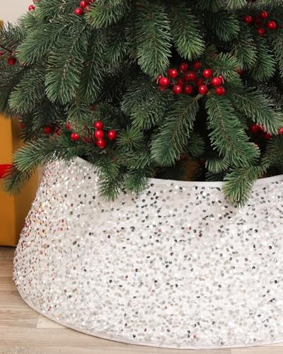 Odot Copri Base Albero Natale, Bianca Glitter Copri Albero di Natale Base, Christmat Tree Skirt Per Decorazioni Per Feste A Casa Vacanza(40 X 60 X 20 cm)