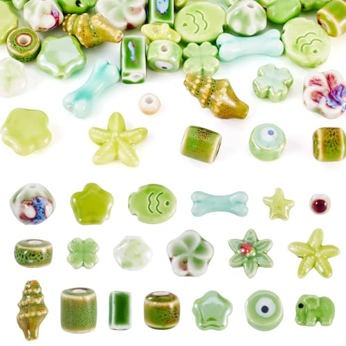 Spritewelry 38 Stück grüne Keramikperlen, runde Blumenblätter, Muscheln, Seestern, Fisch, Elefant, Abstandhalter, handgefertigte Porzellanperlen für Bastelarbeiten, Schmuckherstellung