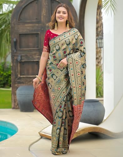 Image of SIRIL Women's Banarasi Weaving Soft Silk Saree With Unstitched Blouse Piece(4791S141 Green)