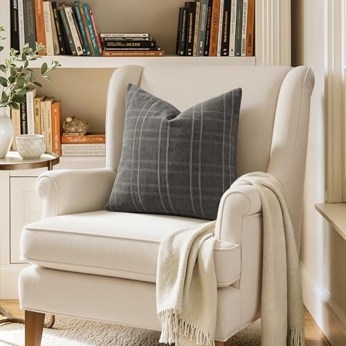 Image of MIULEE Decorative Linen Check Lumar Throw Pillow Covers Neutral Farmhouse Vintage Pillow Covers 24x24 Inch Set of 2 Boho Modern Home Decor for Sofa Couch Bedroom Cushion Chair Charcoal Gray