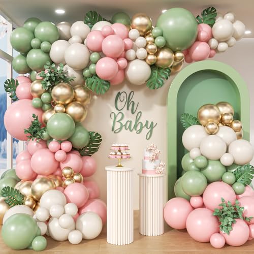 Image of 152Pcs Pink and Green Balloon Garland Arch Kit - Sage Green and Pink White Sand Gold Different Size Balloons for Girl Baby Shower Wedding Birthday Jungle Safari Woodland Party Decorations