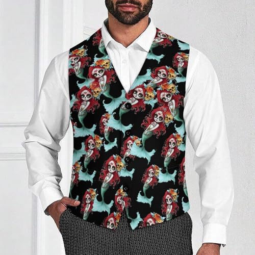 Mermaid with Day of The Dead Suit Vest for Men Waistcoat Dressy V Neck Button Down Sleeveless Business Jacket Coat4