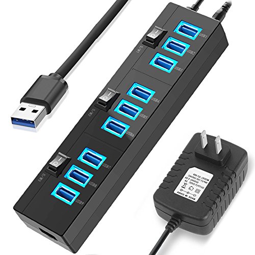 USB 3.0 Hub, Hhusali USB 3.0 SuperSpeed 10-Port Hub with Power Switches,LED Indicator and Power Adapter
