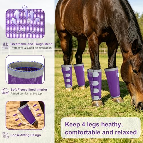 Image of Reflective Horse Fly Boots Set of 4, Loose Fitting Leggings for Horses, Equine Fly Leg Wraps Socks for 4 Legs, Breathable Adjustable and Universal Fit, Reliable Stay Put and on (Purple)