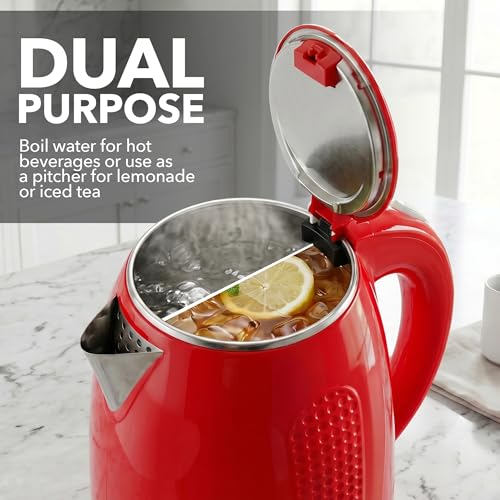Image of OVENTE 1.7L Double Wall Electric Tea Kettle, 1100W Power, Red KD64R | Water Boiler with Cool-Touch Exterior, Stainless Steel Interior, Auto Shut-Off, Boil-Dry Protection & Locking Lid, Easy Clean