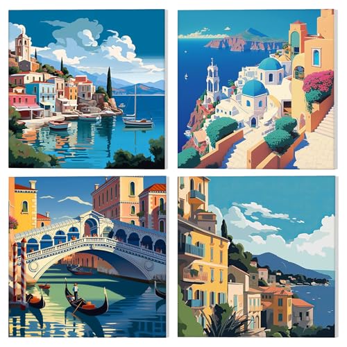 NAIMOER 4Pack Paisajes urbanos Pintar por Numeros y Marco, Lienzos para Niñas Regalos para Niñas Cuadros para Pintar por Numeros, Set Paint by Numbers Atracciones 20x20cm