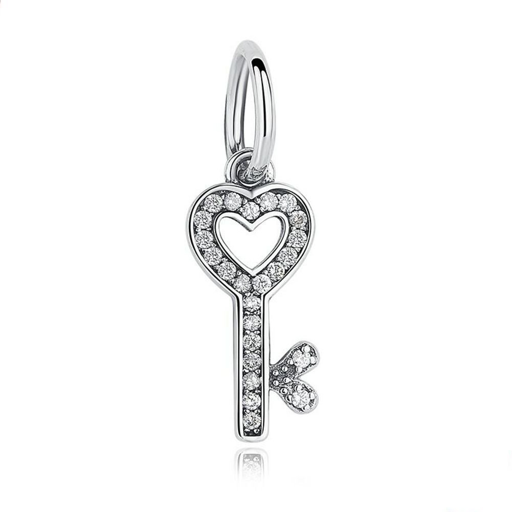 Sparkling Key Dangle Charm 925 Sterling Silver Heart Beads for Bracelets