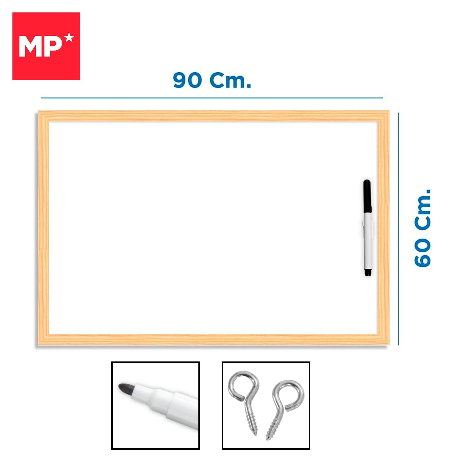 MP-Pizarra Blanca, Rotulador Incluido, Marco Madera Natural, Resistente, Fácil de Borrar, 90x60, Ideal para Colegios, Tiendas, Hogares y Oficinas. Fácil Instalación, para Colgar, No Magnética.