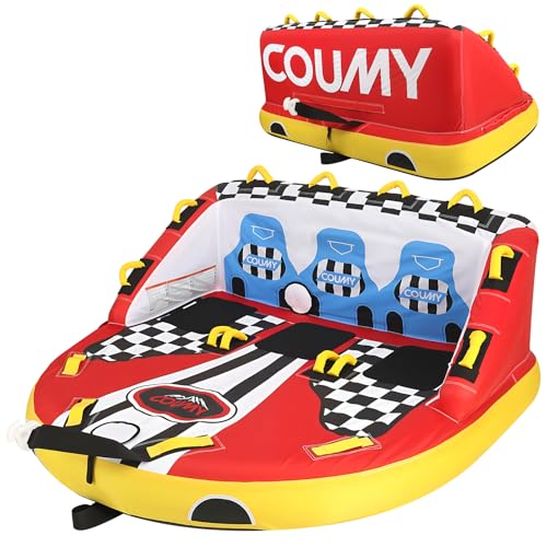 Coumy 3 Person Towable Tubes for Boating,Pull Behind Tube Inflatable Towable Tube Inflatable Water Sports Towables for Boats Front&Back Tow Points w/Heavy-Duty Thick Nylon Cover for Summer