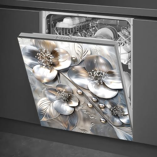 Image of HOMETITUTE Silver Embossed Flower Magnetic Dishwasher Cover 23x26 Inch Floral Pearl Panel for Fridge Appliance Kitchen Door Magnet Sticker Surface Wrap Decorative Metal Look Art