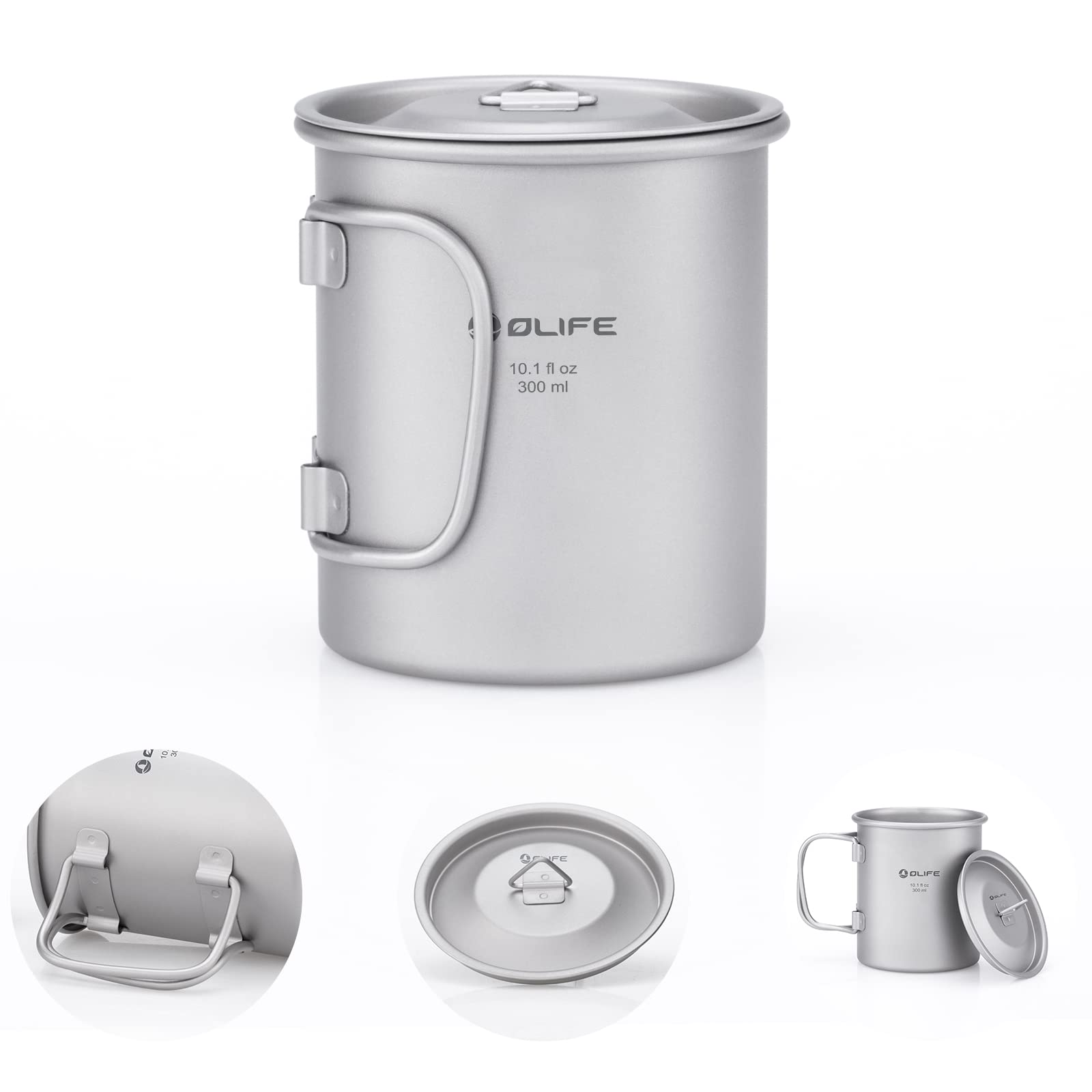 OLIFE Tasse de camping en titane avec couvercle, poignée pliable, sac à dos, tasse portable ultra légère pour camping, voyage, randonnée, extérieur et utilisation quotidienne (300ml)