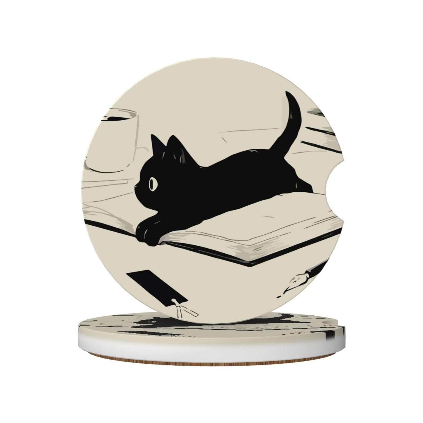 Kawaii Anime Black Cat Car Coasters for Cup Holders,2 Pack Car Cup Holder Coasters for Car,Ceramic Absorbent Car Coaster with A Finger Notch and Cork