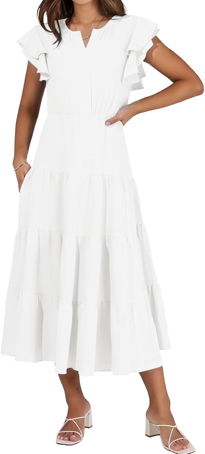 YUNDAI Women's Tiered Ruffle Midi Dress: with Flutter Sleeves Casual Summer Boho Outfit