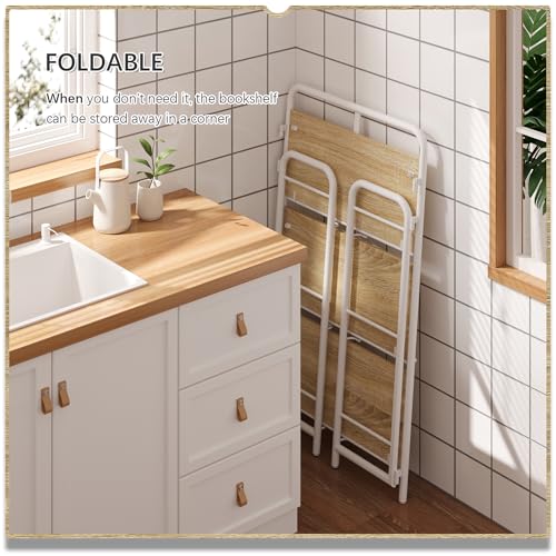 Image of 4NM No Assembly Folding Bookshelf, 3 Tiers Collapsible Book Shelves Open Industrial Foldable Storage Bookcase Shelf for Bedroom, Living Room, Home Office - Natural and White