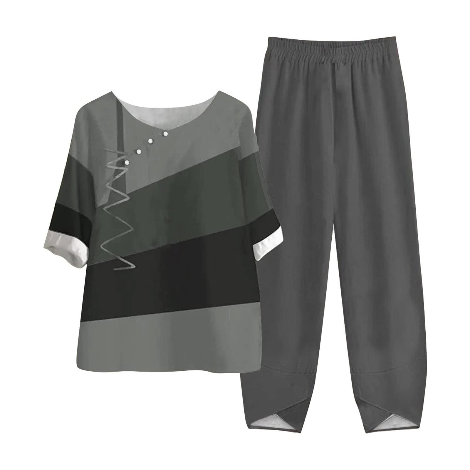 Generic Conjuntos de 2 piezas para mujer, tallas grandes, estampado de verano, conjuntos de dos piezas, blusa de cuello redondo bloqueado de color y pantalones de color sólido, conjuntos de 2 piezas para