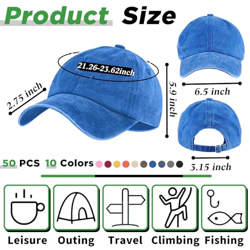 Image of Bonuci 24 /50 Pack Vintage Baseball Hat Bulk Washed Baseball Cap Adjustable Cotton Golf Hats for Men Women Sports
