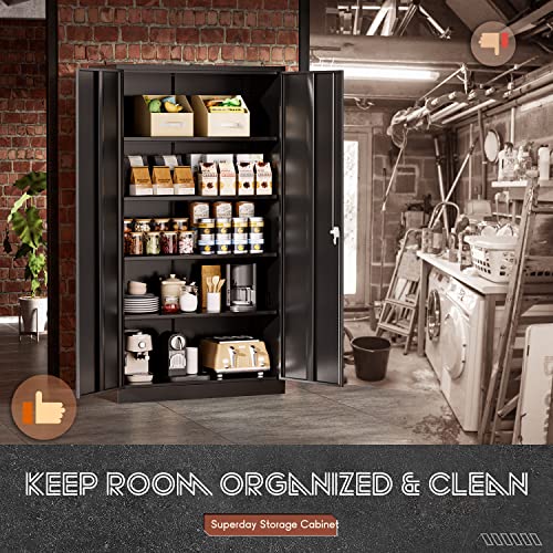 Superday Locking Metal Storage Cabinets, 71" Lockable Steel Storage Cabinet, Tall Black Cabinet With 2 Doors And 4 Adjustable Shelves For Garage, Home Office, Classroom, Pantry, File, Easy Assemble #TOP5