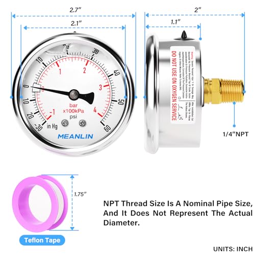 Image of MEANLIN MEASURE -30inHG~60Psi Vacuum Pressure Gauge 1 /4 inch NPT 2.5 inch FACE DIAL, Stainless Steel Liquid Filled Pressure Gauge WOG Water Oil Air Center Back Mount
