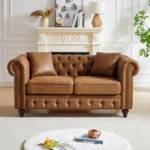 Image of Mid Century Modern Loveseat Sofa, 63.5 inchW Faux Leather Button Tufted Small Couch with Roll Armrest & Nailhead Trim, Comfy Upholstered Chesterfield Sofa for Living Room, Office(2 Seater, Brown)