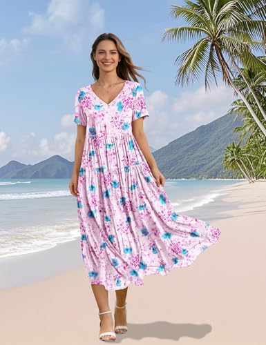 Image of YESNO Women's Summer Maxi Dresses Casual Floral Short Sleeve V Neck Boho Beach Vacation Swing Dress with Pockets EVF