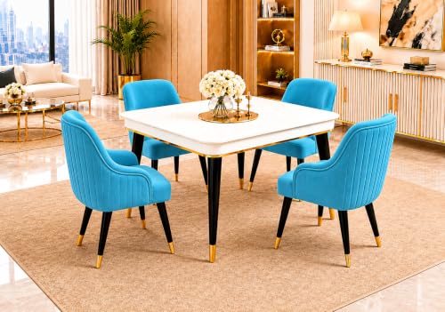 Image of WOODEN SPACE 4 Seater Wooden Dining Table Set | Urban Marble Top Dining Table with Chairs for Dining Room & Kitchen (Modern Zyro Sky Blue) (42 x 42 x 30 inch)