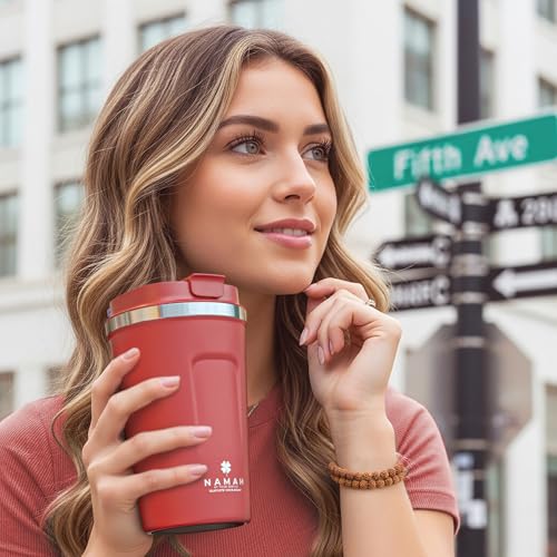 Image of Namah Insulated Coffee Travel Mug 380 ml with Lid, Leak Proof Stainless Steel Thermosteel Vacuum Insulated Mug, Hot & Cold Reusable Coffee Mug for Office, Car Cup Holder Friendly