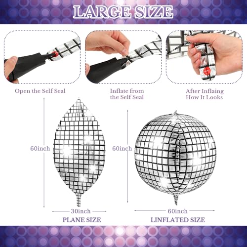 Image of Leitee 6 Pcs 60 in Big Disco Ball Balloon 70s Disco Balloons Party Decoration Large 4d Aluminum Foil Inflatable Ball Giant Silver Metallic Mirror Decor for Baby Shower Wedding Birthday Dance Party