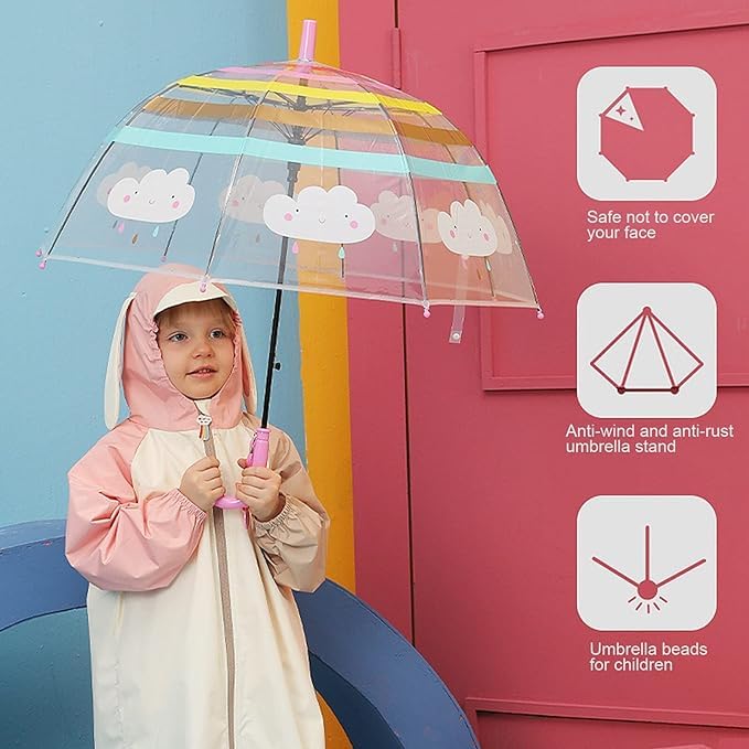 Image of Rainbow Smiling Sun Umbrellas Children Magic Cloud Transparent, See through Dome Umbrella for Children, Umbrella for Girls and Boys, Umbrella for Kids