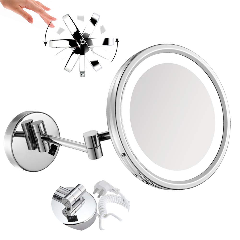 Loadfckcer 8'' Wall Mounted Makeup Mirror,LED Lighted Vanity Mirror 360° Swivel 3X Cosmetic Mirror for Bathroom Home Hotels,Round Shape Bright Silver,Ming plug/silver