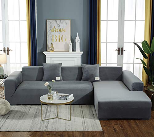 H\A Funda Chaise Longue Asientos，Funda de Sofá de Esquina Elástica en Forma de L，Felpa Suave，Antifouling, Antideslizante,2 Piezas，Color Gris（2 Seater 145-185 cm + 2 Seater 145-185 cm）