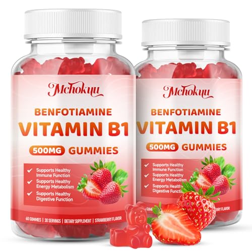 Vitamin B1 Gummies 500mg with Benfotiamine Thiamine Supplement for Women & Men Supports Healthy Energy Metabolism & Immune Sugar-Free | Vegan | Non-GMO Natural Strawberry Flavor 120 Count