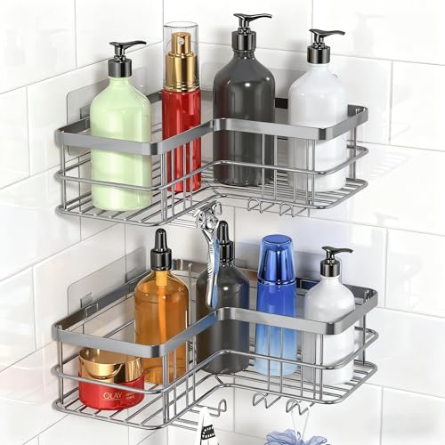 Yazoni Duschablage Ohne Bohren 2 Stück - Duschregal Ecke mit Haken, Duschablage Edelstahl für Badezimmer und Küche (Silber)