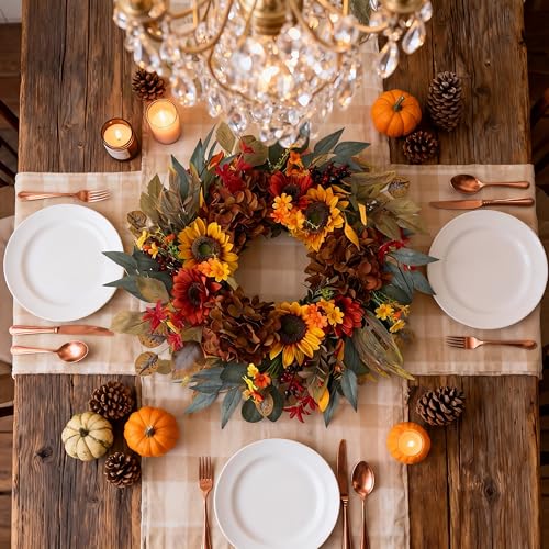 HipTree 24 Inch Fall Wreath for Front Door, Artificial Sunflower & Hydrangea Thanksgiving Wreath with Eucalyptus Leaves, Harvest Autumn Wreath for Indoor Outdoor Porch Farmhouse Home Decor — view 4